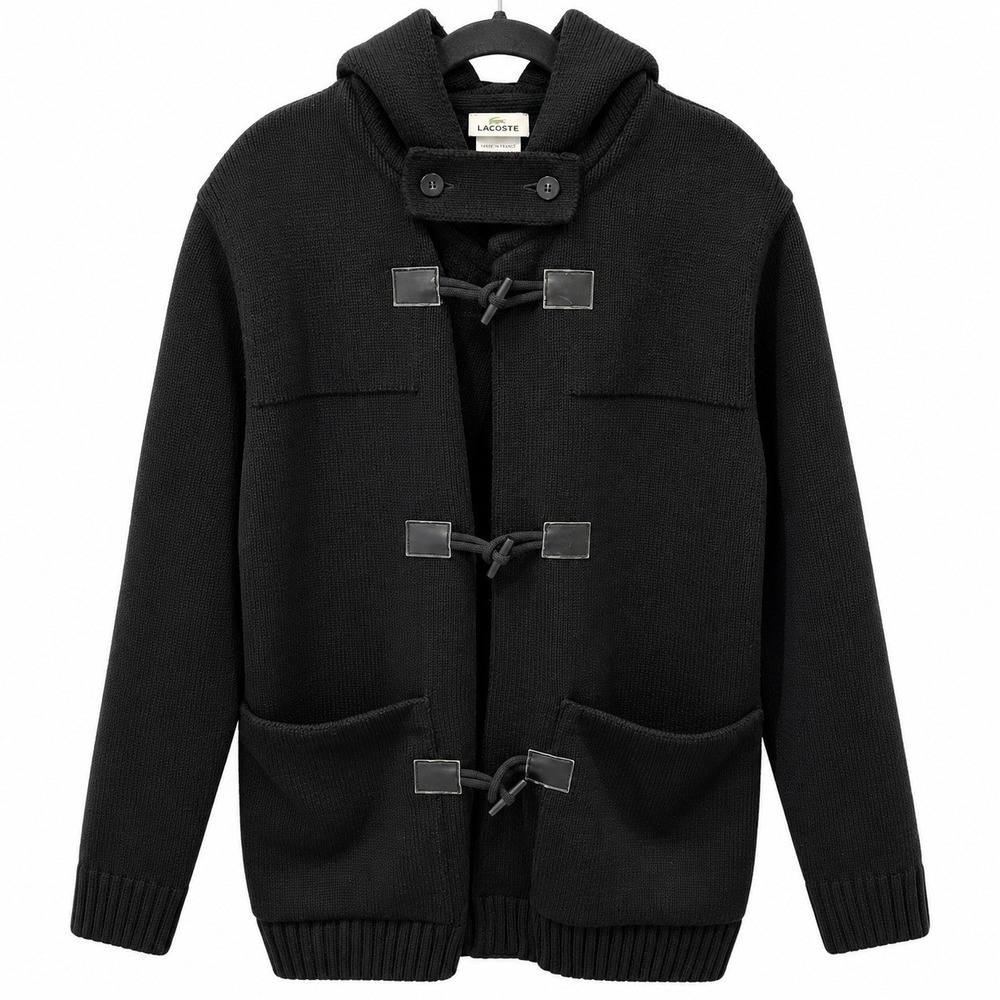 Lacoste Black Wool Blend Hooded Toggle Duffle Coat Mens Size 5 L Winter Warm